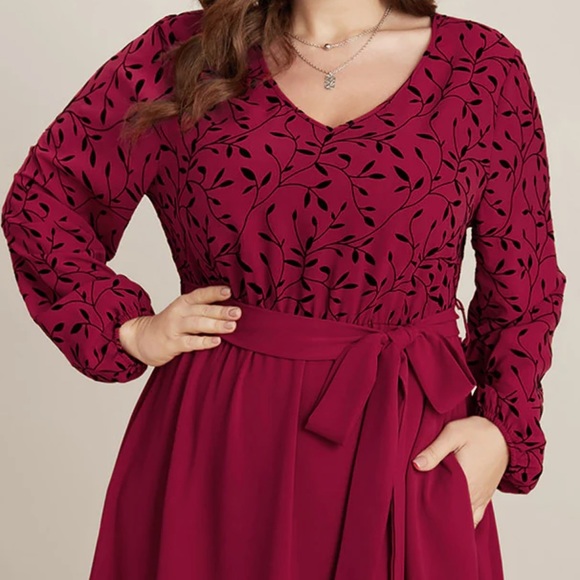 Plant Print Lantern Sleeve Pocket Belted Ruffles Hem Dress - Picture 4 of 5